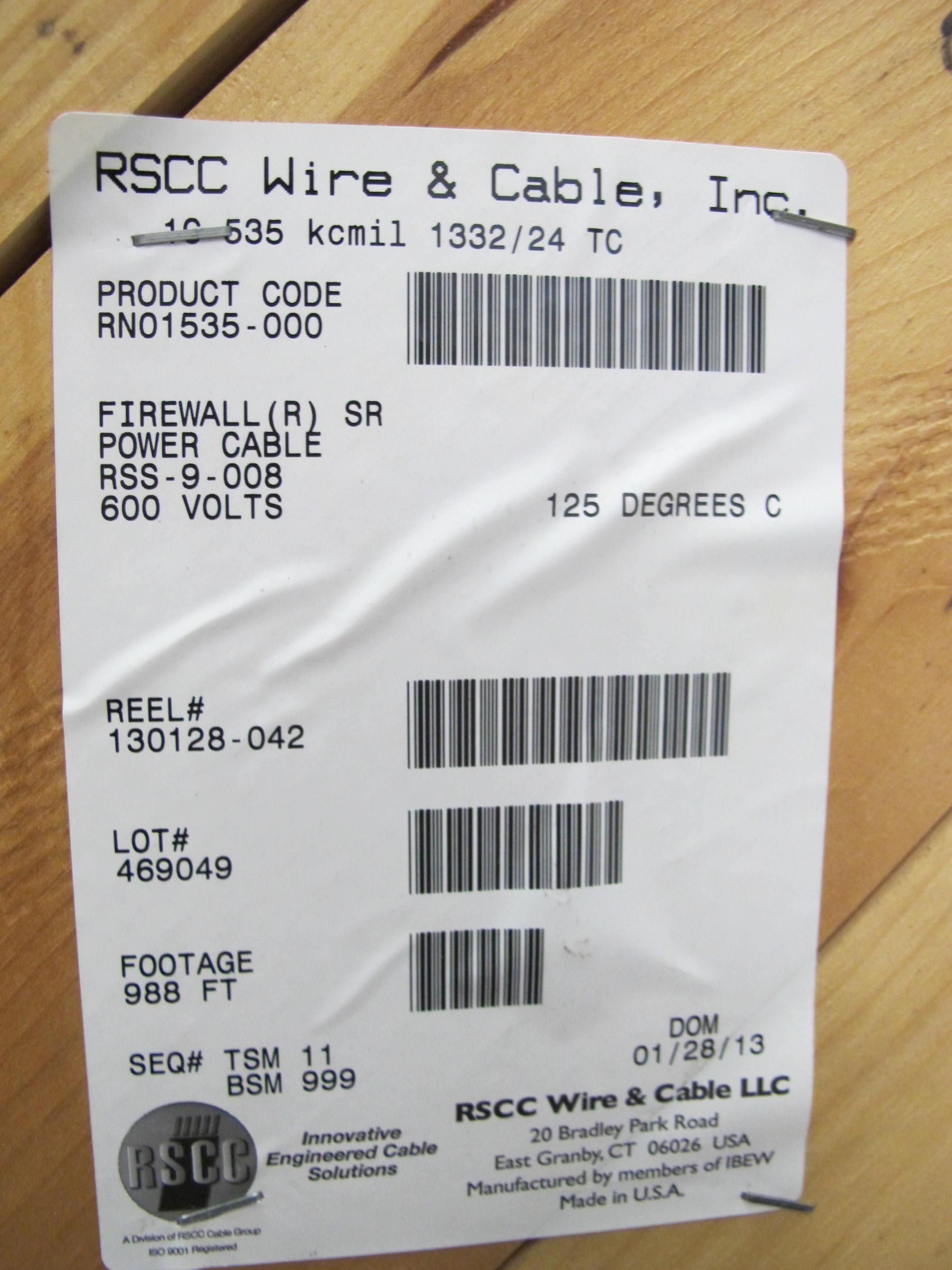 LOT (988 FT) OF CABLE, ELECTRICAL TYPE, 500 KCMIL EXTRA FLEXIBLE KIND. 1/C 535 (MCM), 1332 STRANDS TINNED COPPER, 110 MILS SILICONE RUBBER INSULATION, ROCKHIDE BRAID JACKET, 600V FIREWALL SR (W-44) LOADING & HANDLING FEE $15-